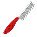 Red plastic handle pet grooming comb with short and long stainless steel detangling teeth.