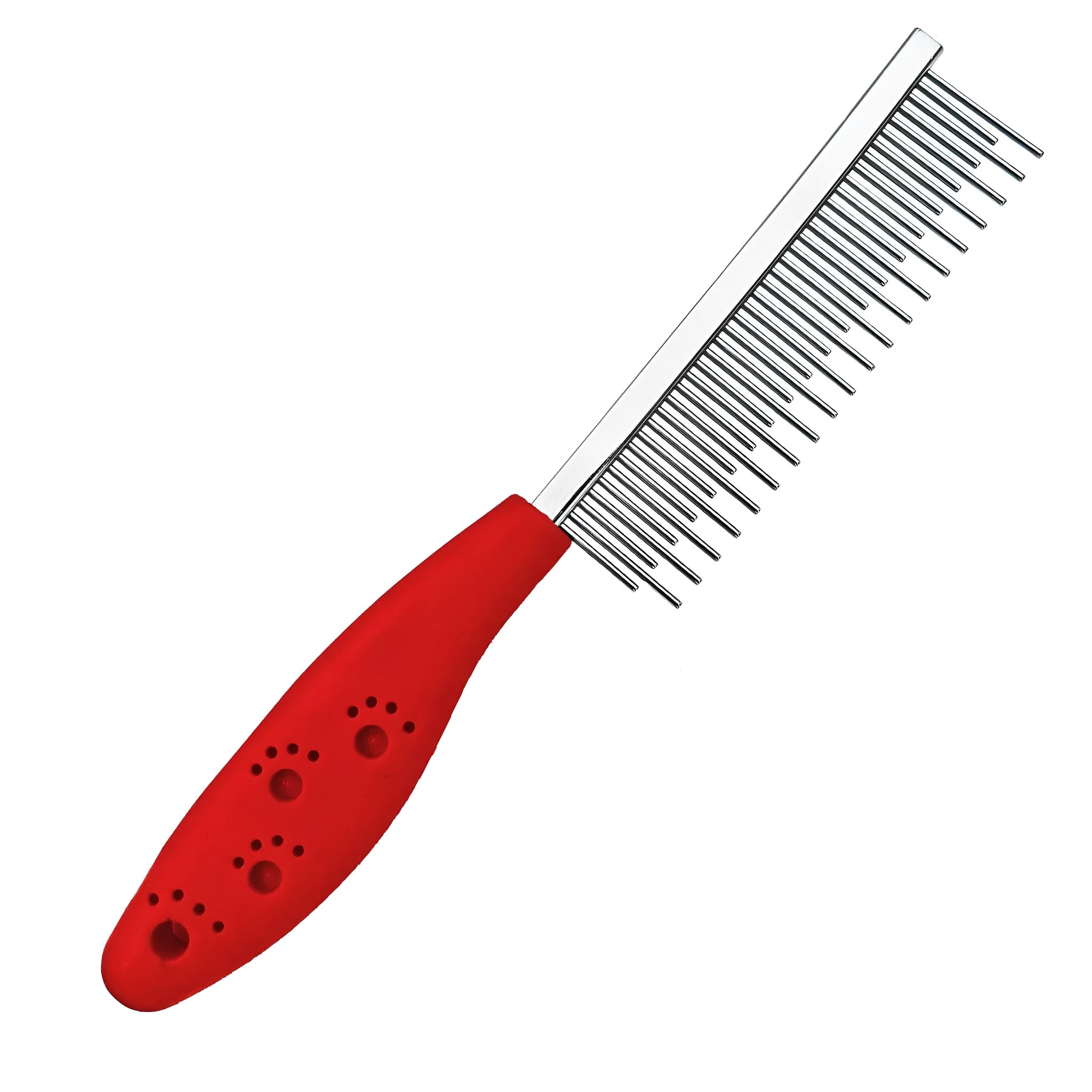 Red plastic handle pet grooming comb with short and long stainless steel detangling teeth.