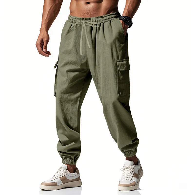 Men's loose-fit linen casual trousers with ankle ties and multiple pockets in Army Green.