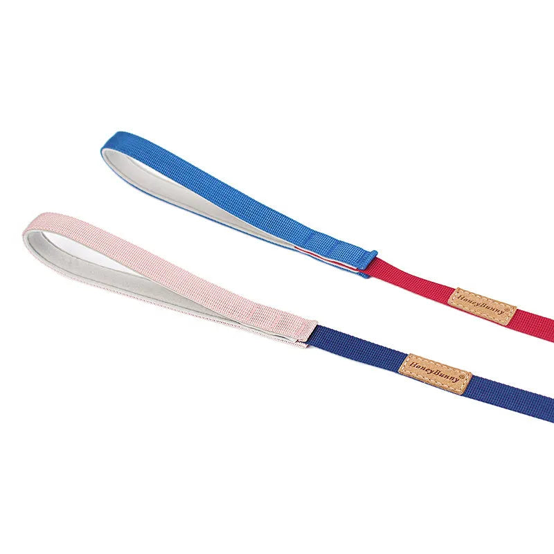 Polyester dog harness and lead set with chest and back strap and hand holding rope, sizes S M L, four colours