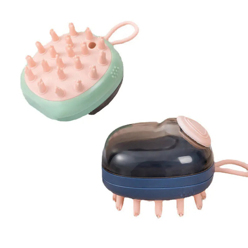 Blue pet bath brush with silicone bristles and shampoo dispenser in handle
