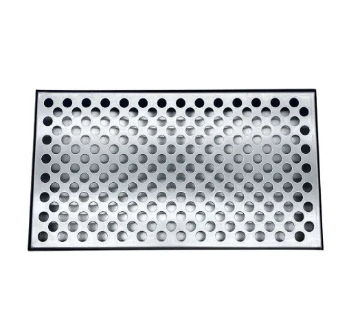 Silver rectangular 304 stainless steel wine dropping dish on a bar countertop, 30cm size