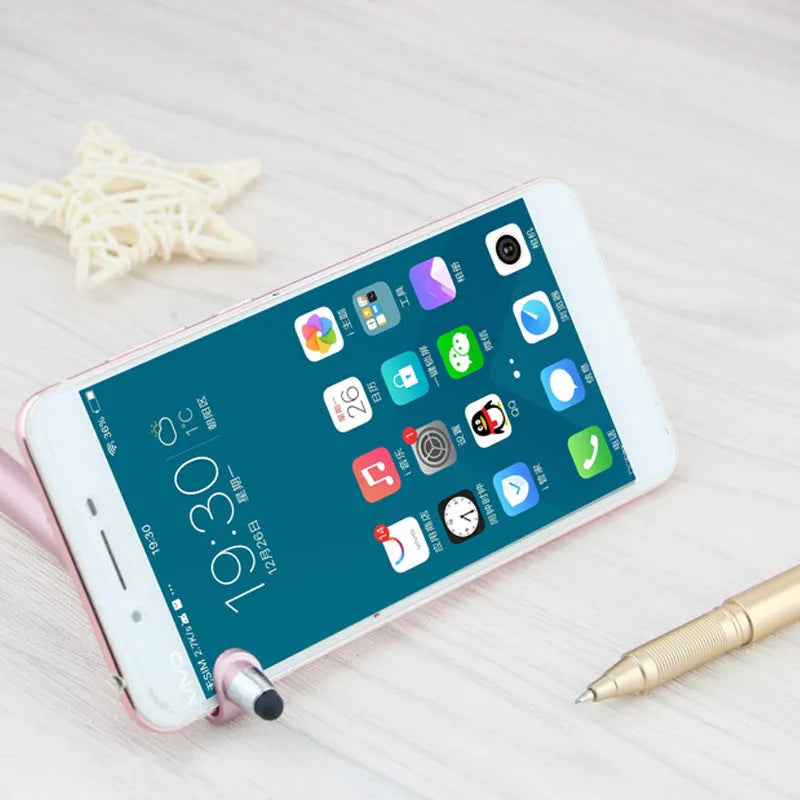 Multifunctional mobile phone holder pen with touch screen stylus and 0.5mm ballpoint tip.