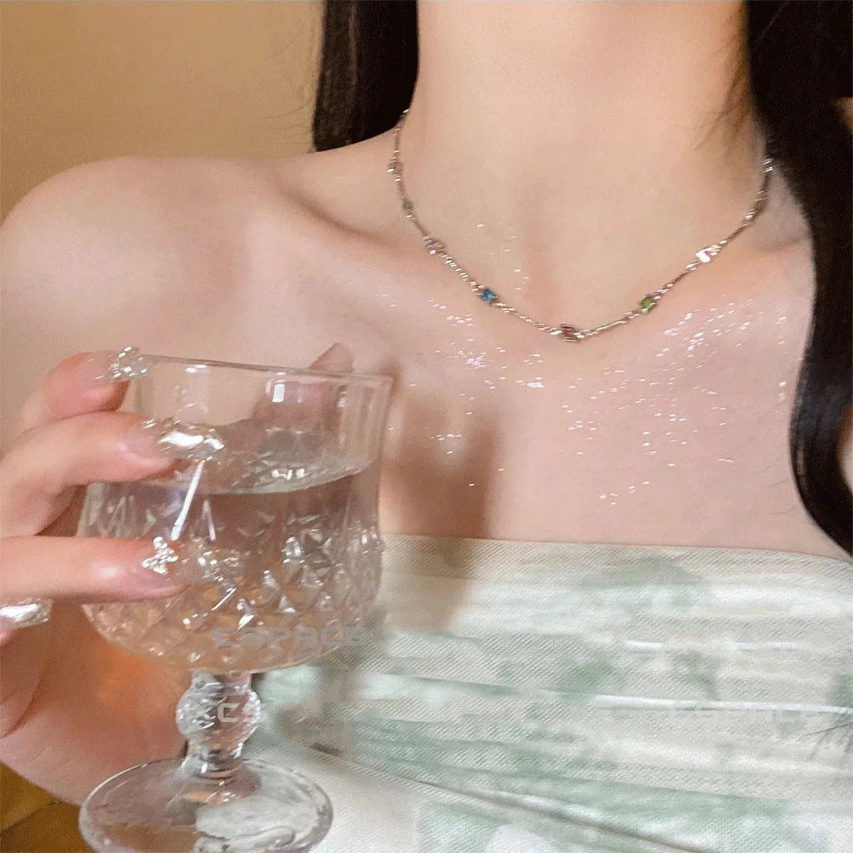 Square colour geometric alloy clavicle chain necklace with artificial crystal detail in gold tone.