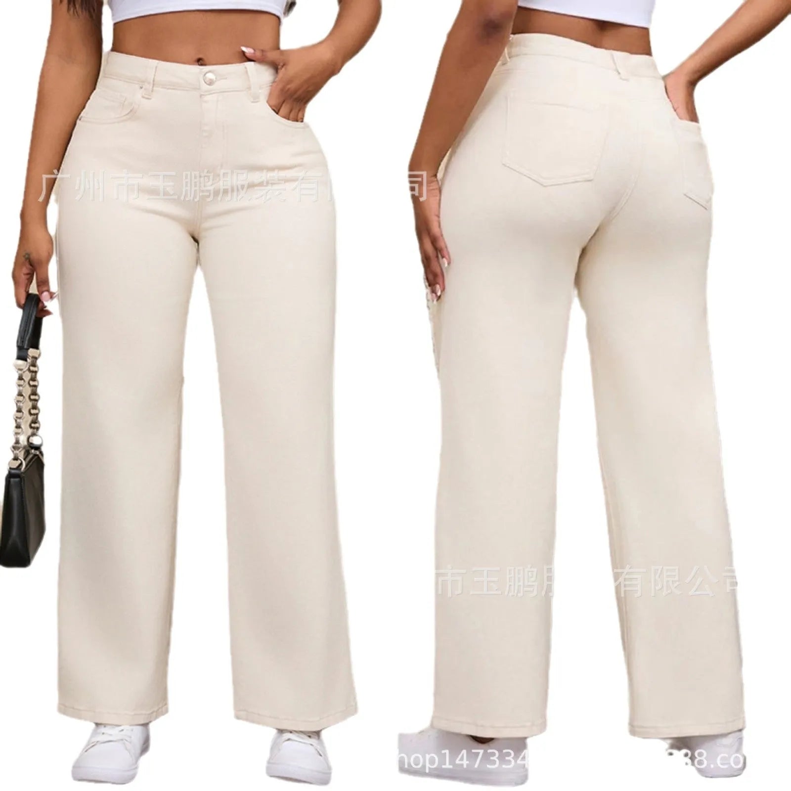 Women's apricot straight-leg wide trousers with a high waist on a hanger.