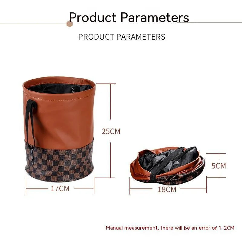 Leather retractable car trash can with handle for vehicle interior