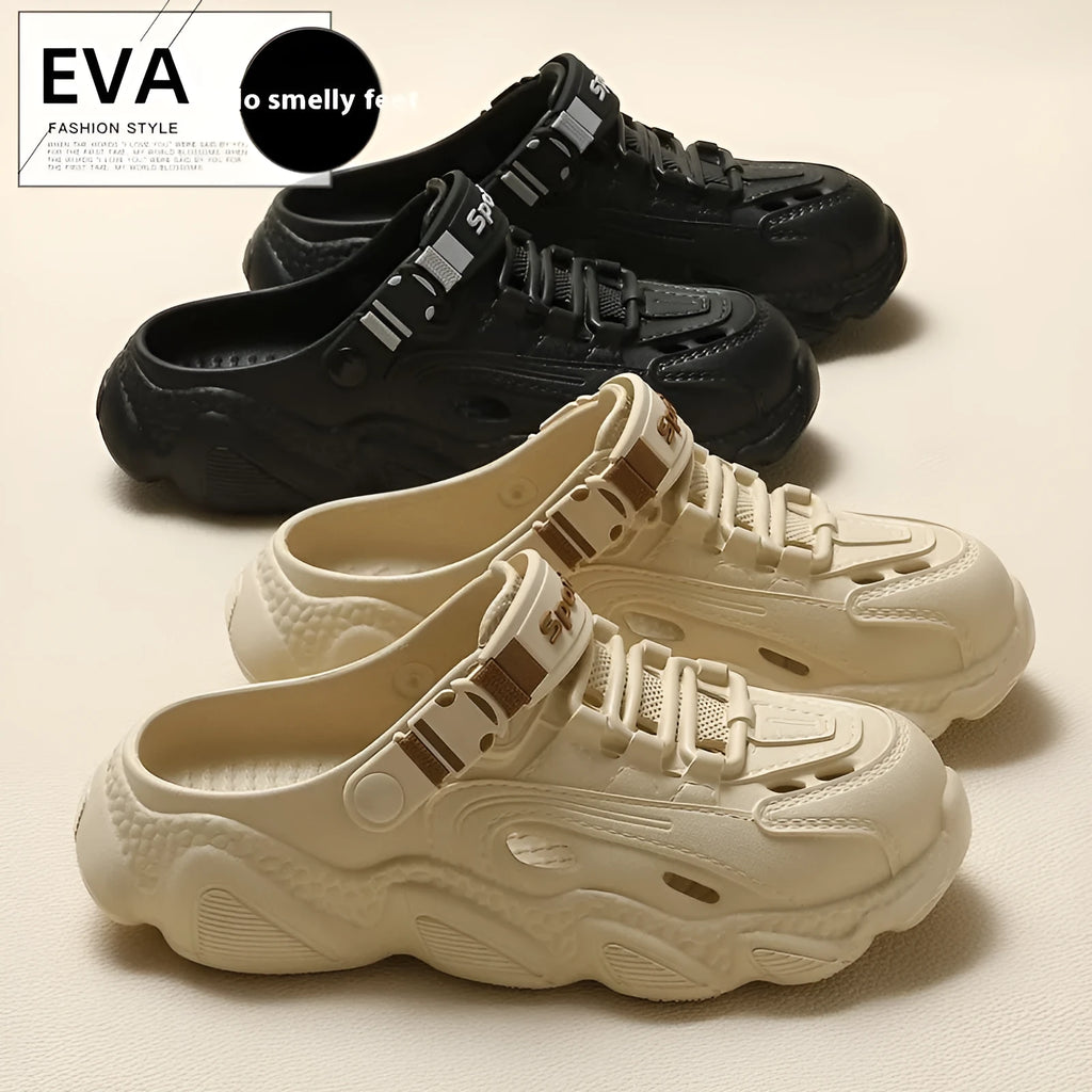 Men's khaki outdoor summer slippers showing hollow-out design and textured EVA sole