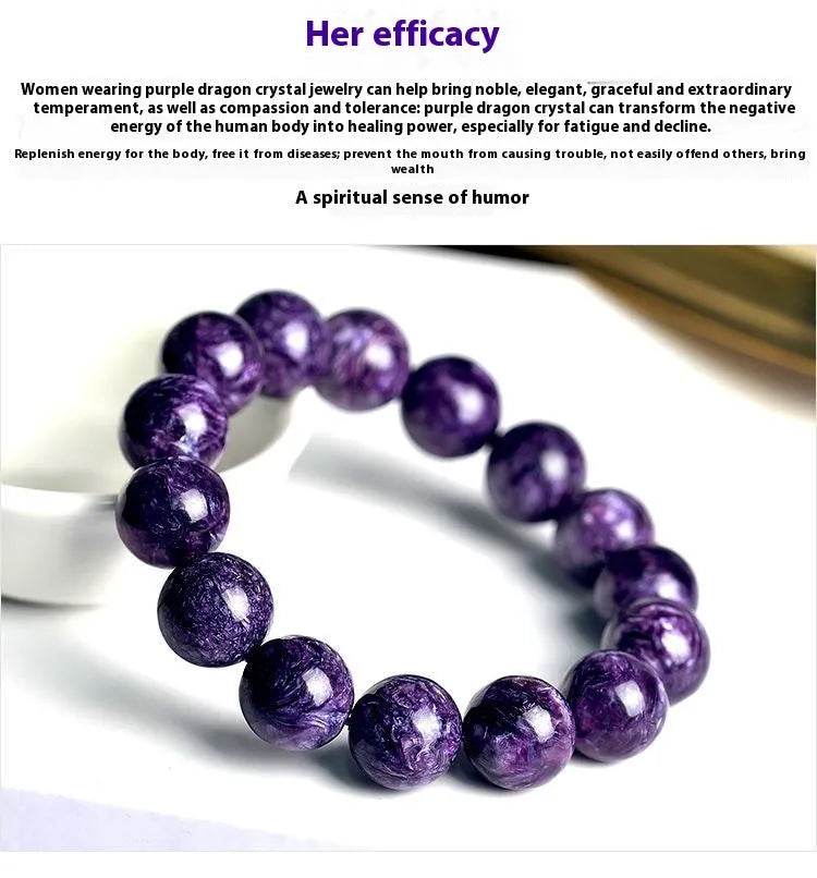 Handmade transparent Charoite crystal bracelet on platinum wire, showing different bead size options.