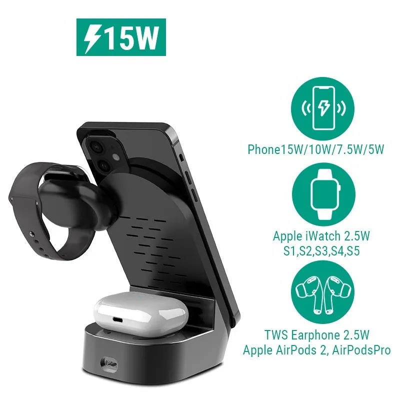 Black grey foldable 3-in-1 wireless charger stand with phone, smartwatch, and earbuds case charging.