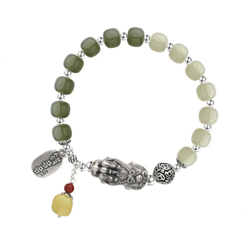 Pure silver coin bracelet with 8x7mm Hetian jade centrepiece in retro women's jewellery design