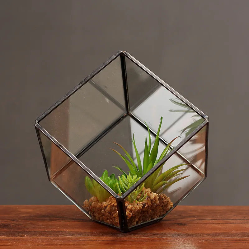 Oblique square small transparent glass greenhouse flowerpot with Nordic geometric style and 10*10 bottom diameter