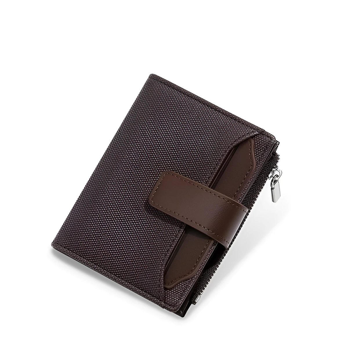 Foldable brown PU wallet with zipper and multiple card slots, stone pattern design
