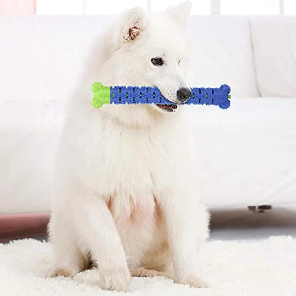Blue green silicone dog toothbrush chew toy with bristles and nodules for teeth cleaning.