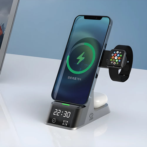 Black multifunctional alarm clock with wireless charging pad, Apple Watch dock, earbud charger and LED display