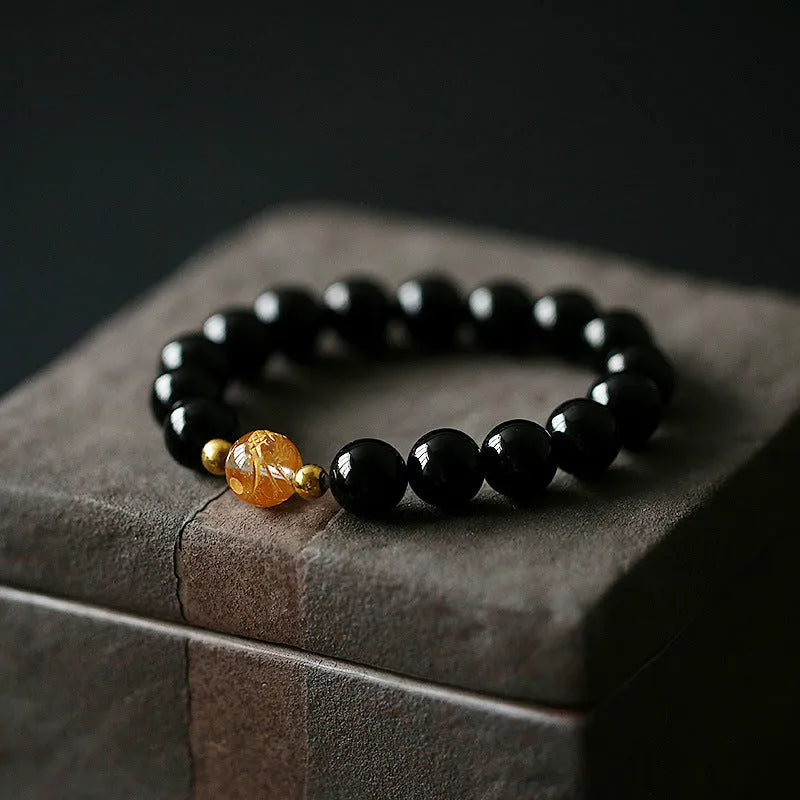 Geometry bracelet with obsidian and white crystal beads, dragon charm, adjustable 14-16cm wrist