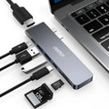 Aluminium USB C hub with seven ports including SD card reader, Thunderbolt 3, and 4K HDMI