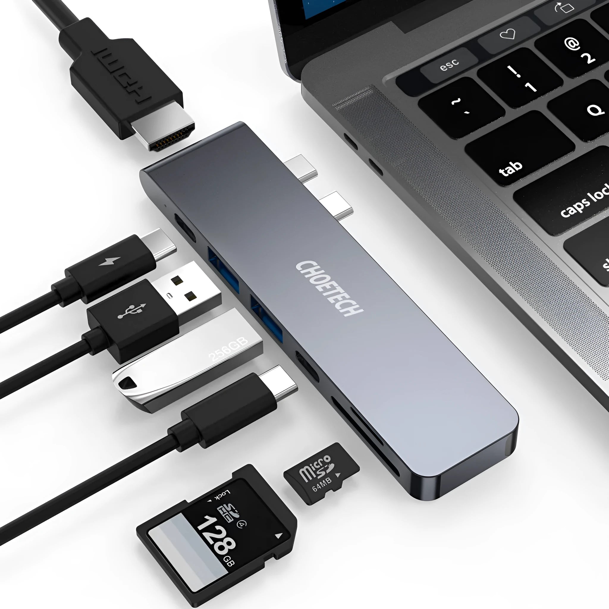 Aluminium USB C hub with seven ports including SD card reader, Thunderbolt 3, and 4K HDMI