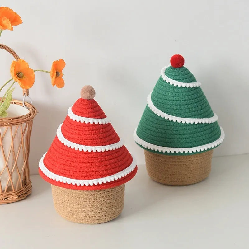 Christmas decoration storage basket in cotton thread with green Christmas tree colour