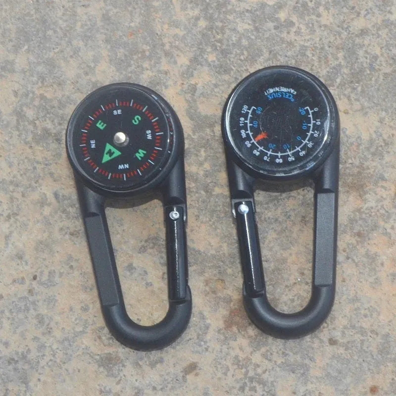 Black Army Green rose gold zinc alloy camping carabiner with thermometer and compass display, shown from the side.