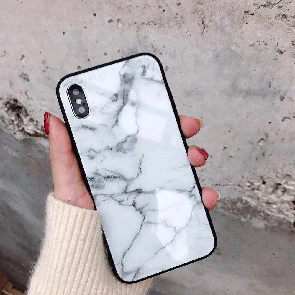 Marble glass phone case with soft TPU edge and HD glossy glass back for iPhone, Chinese style, in beige colour