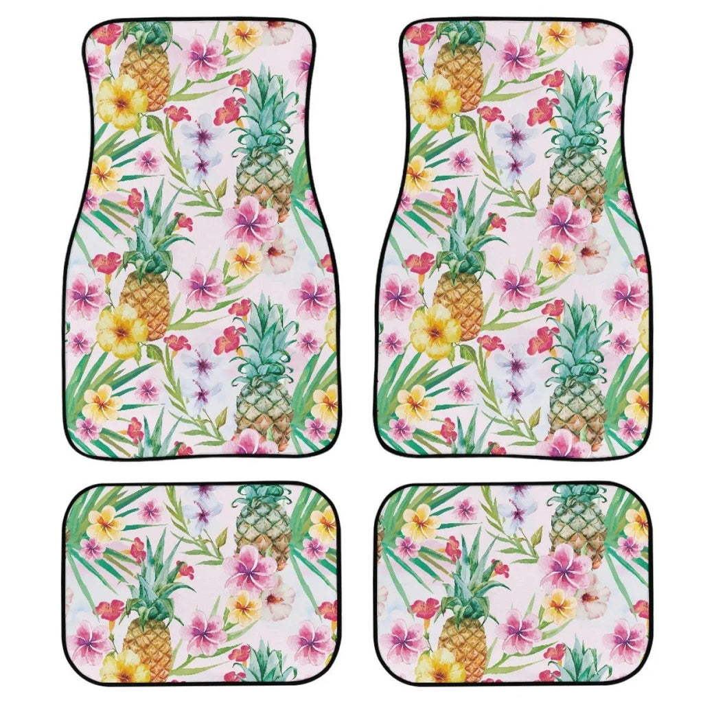 Black four-piece set of 20mm thick printed rubber car foot mats with textured surface.