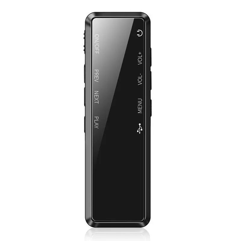 Black zinc alloy USB MP3 player and voice recorder showing display screen and USB connector.