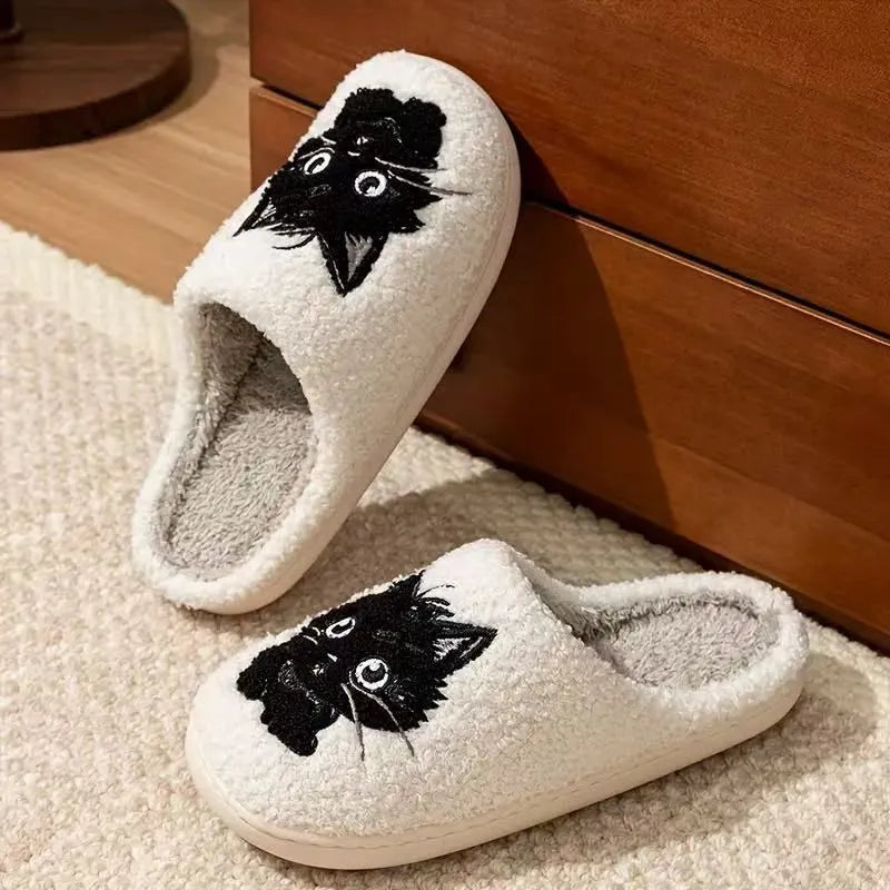 White cartoon cat couple cotton slippers with plush construction and non-slip TPR soles