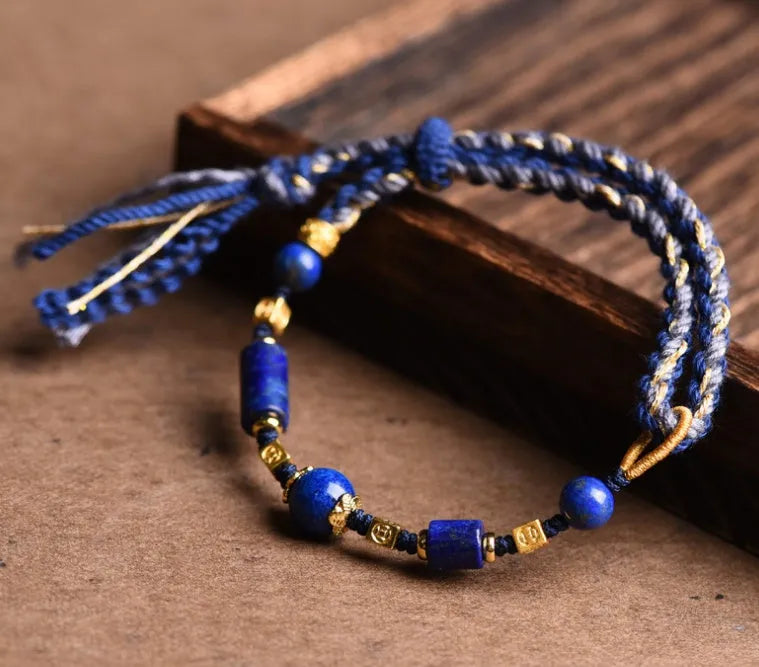 Hand-woven ethnic watch band in flexible wire with Hongfei Ebony and Lapis Lazuli colour options