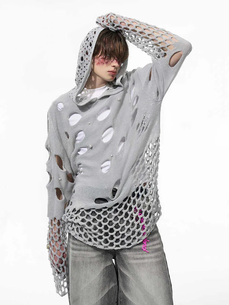 Black men's loose fit hooded sweater with hollow knit texture and pearl detail on the hood.