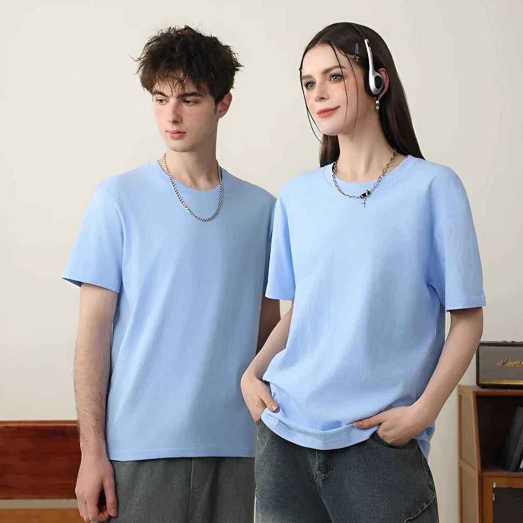 Round neck pure cotton summer T-shirt in solid colour loose pullover style for youth