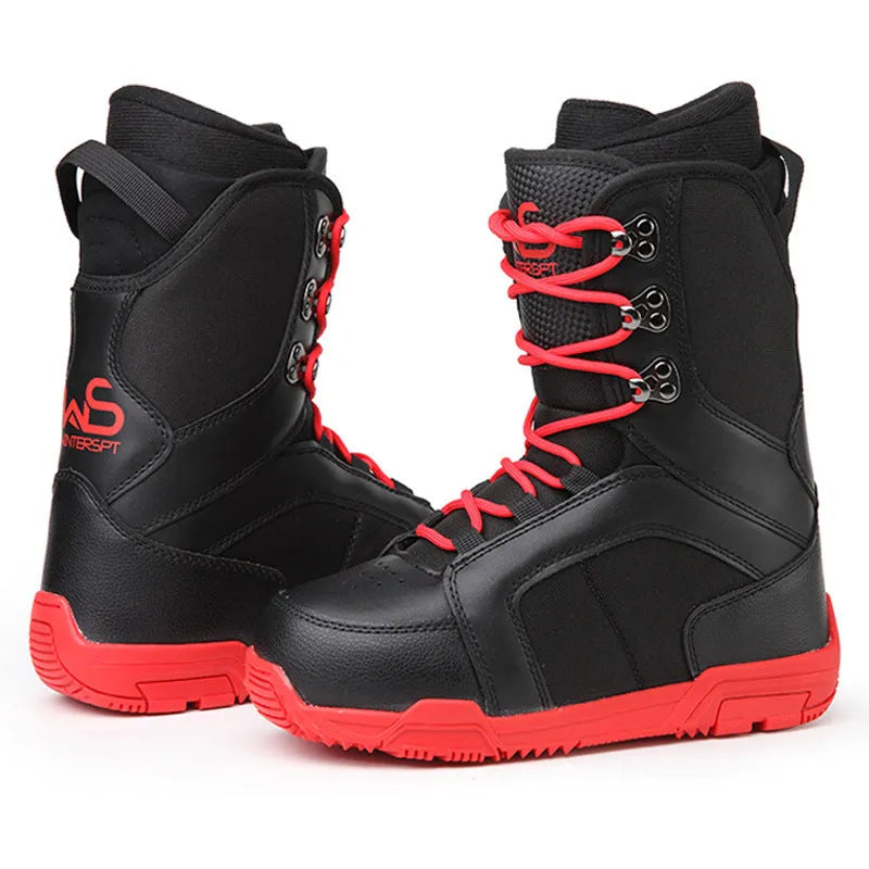 Men's black ski boots with tie closure, rubber outsole, EVA midsole, and shock-absorbing insole, sizes 35 to 45.