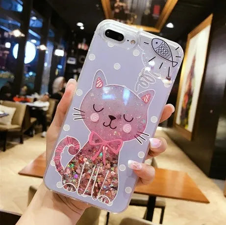 Set of four glittery cat-themed phone cases for iPhone models 6, 7, 8, and X.