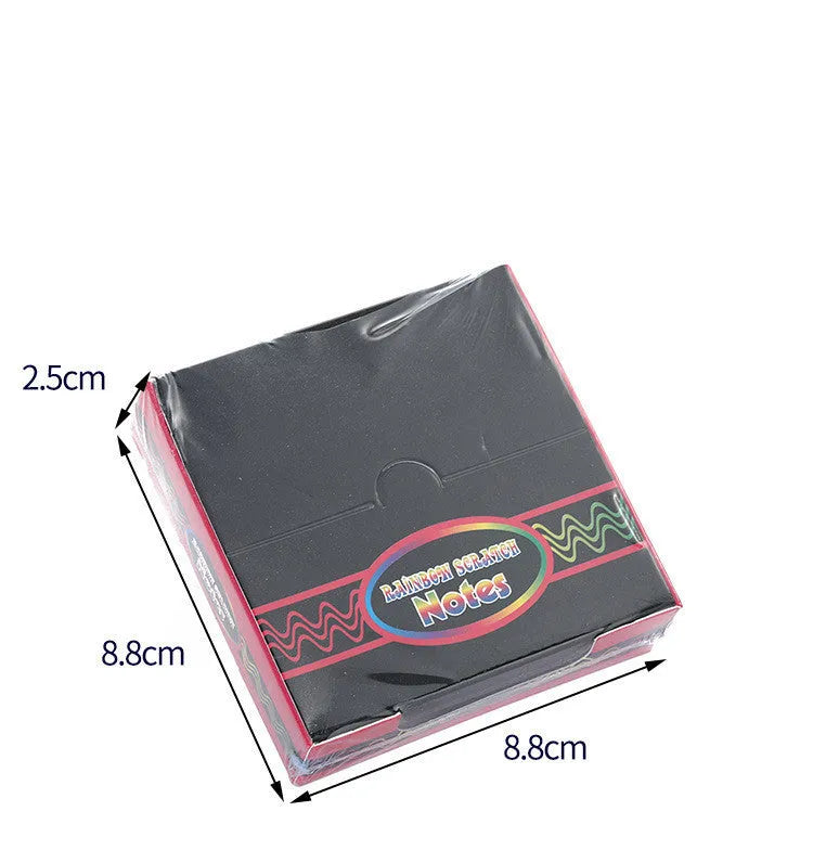 Colourful trumpet scratch art set showing 100 sheets in gift box packaging