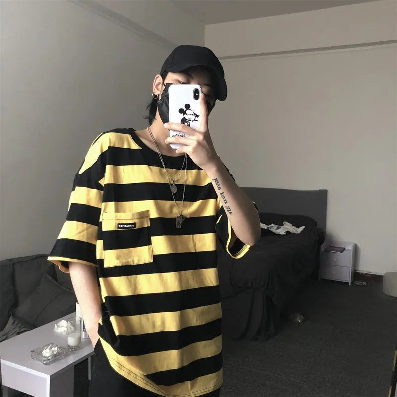 Striped short sleeve t-shirt in blue and yellow colours