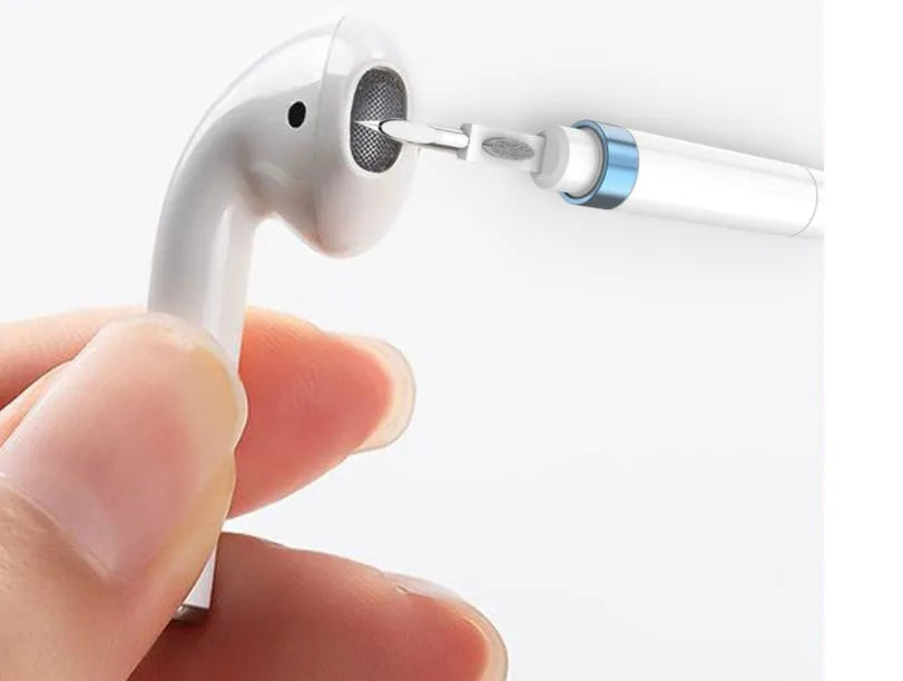 Blue headphone cleaning pen with metal nib, flocking sponge and long fine brush, 14 cm long