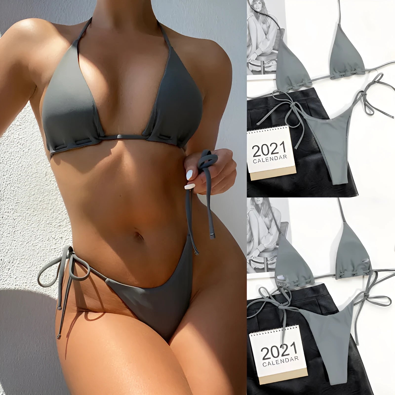 Grey nylon triangle bag swimsuit set with rope lanyard for women beach resort hot spring