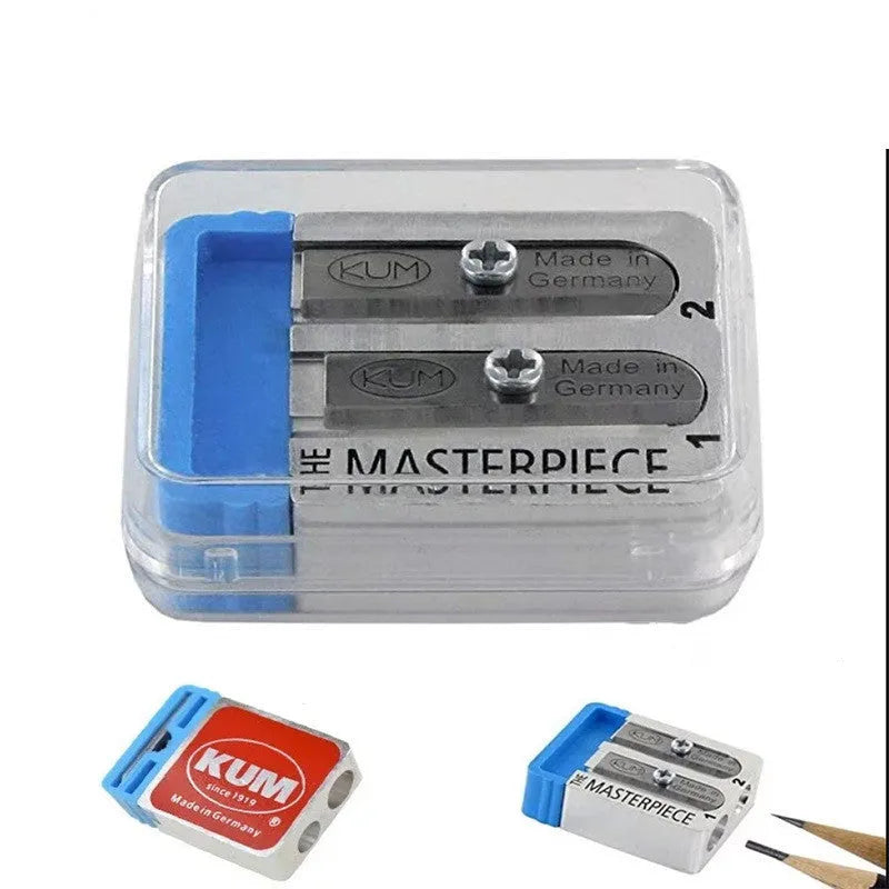 Segmented magnesium metal pencil sharpener with two-step sharpening, blue plastic plug, spare blades and hard plastic box