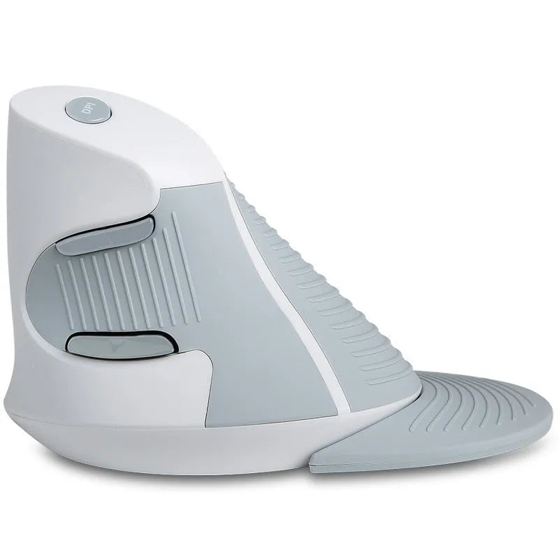 Black M618 wireless vertical ergonomic mouse with USB receiver on a wooden desk.