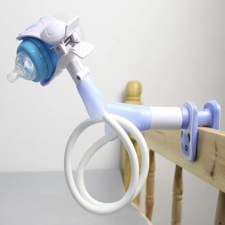 Blue adjustable baby feeding bracket extended to 1.05 metres holding a milk bottle.