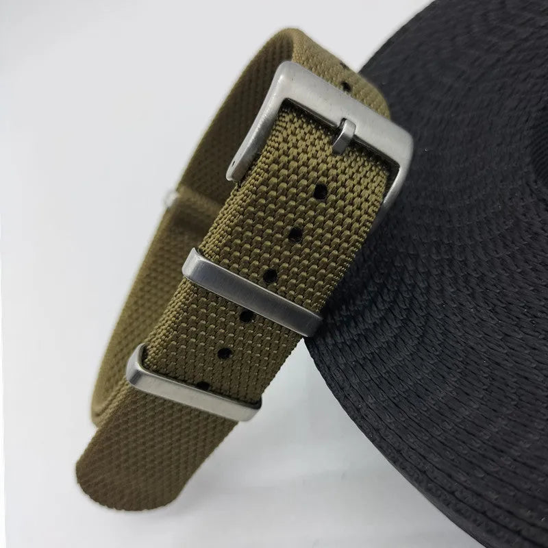 Nylon integrated replacement watch strap in Army Green colour showing the 20mm width.