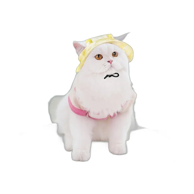 Pet sun hat for dog and cat with adjustable chin strap, polyester bucket style, available in multiple tie-dye colours