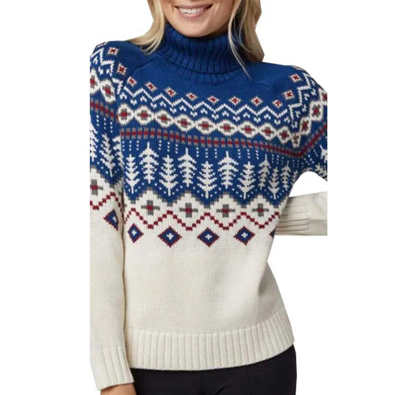 Women's jacquard turtleneck sweater, long sleeve polyester pullover in blue, red, green or grey.