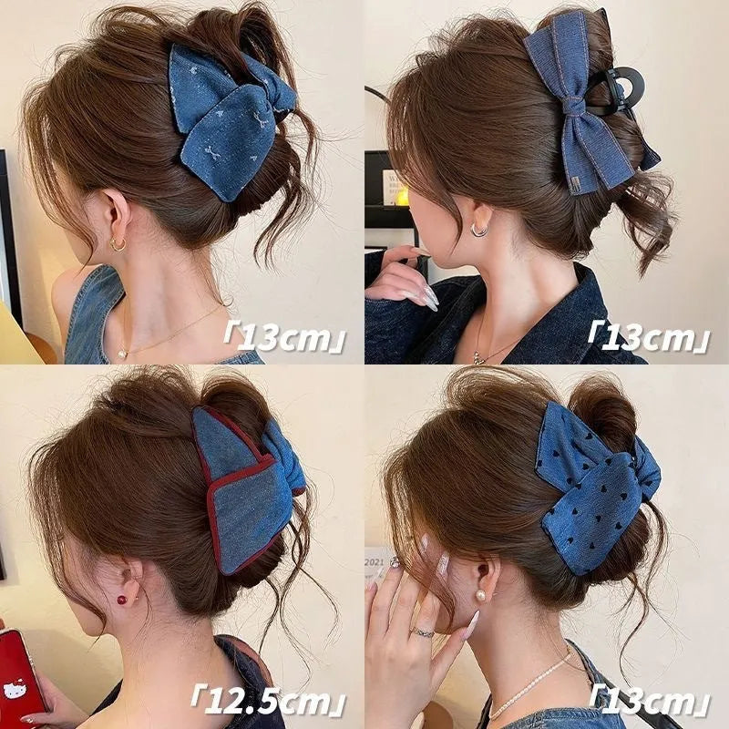 Handmade denim bow hairpin with triangle grip and acrylic decorations for women's hair