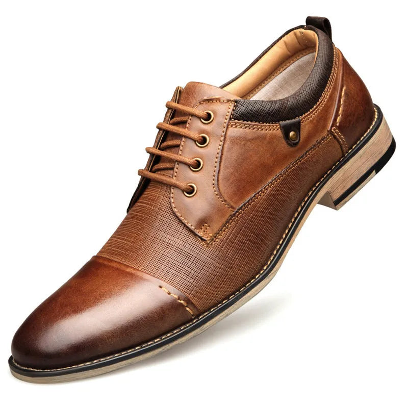 Pair of men's brown cowhide formal leather shoes with rubber soles, lace-up style, sizes 8 to 13