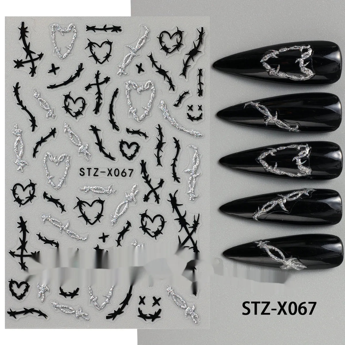 Black and silver striped cartoon pattern nail stickers with plastic application tool