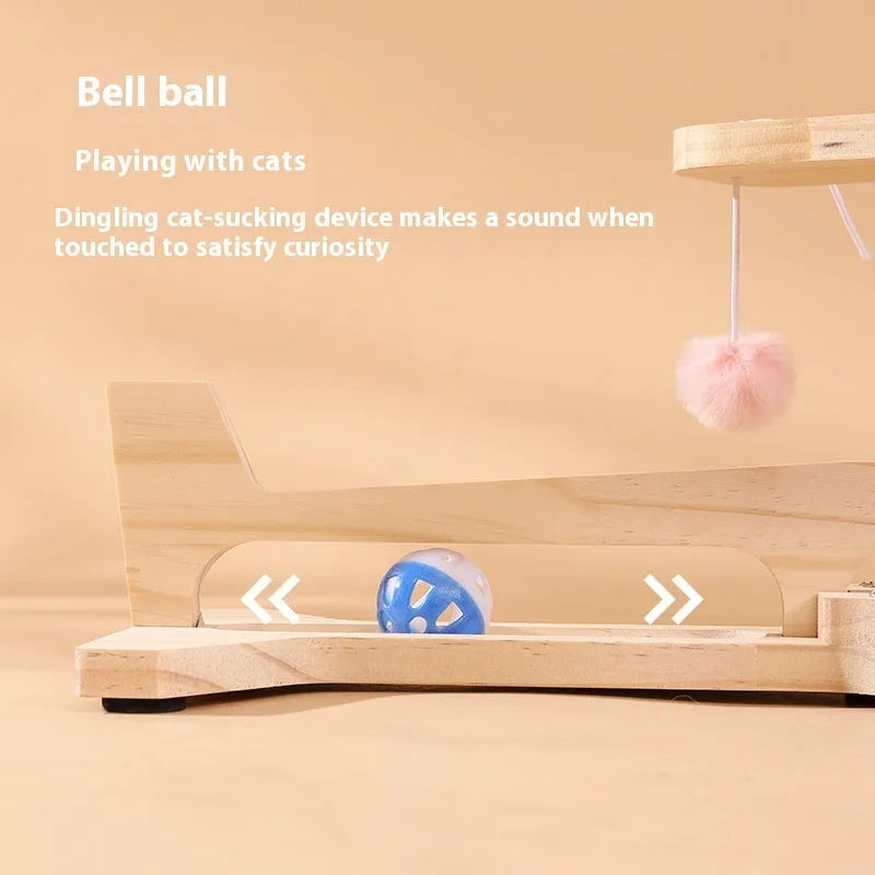 Solid wood cat scratching board toy with rotating turntable mechanism and felt mouse accessories