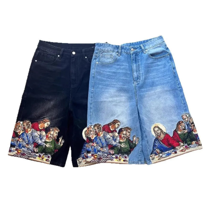 Men's blue cotton shorts with Jesus print on back pocket showing tapered fit design