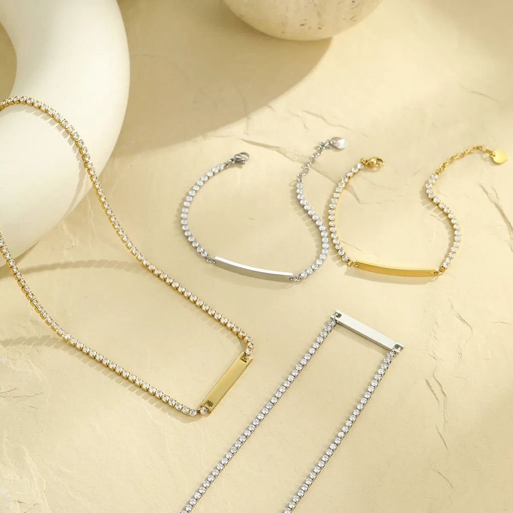 Diamond-embedded lettering bracelet, stainless steel, 18K electroplated, geometric quadrangle, 41-50cm