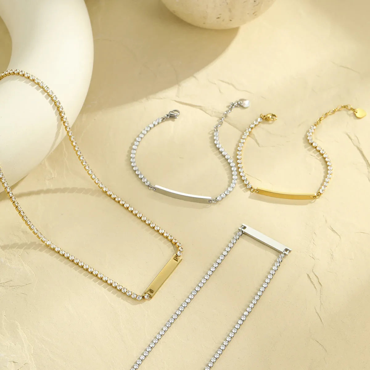 Diamond-embedded lettering bracelet, stainless steel, 18K electroplated, geometric quadrangle, 41-50cm
