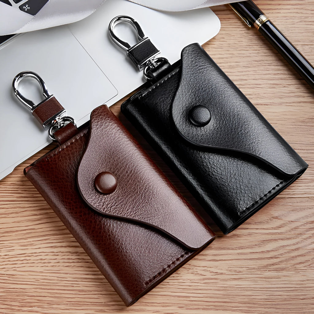 Men's genuine leather keycard holder with key fob in square Korean-style design